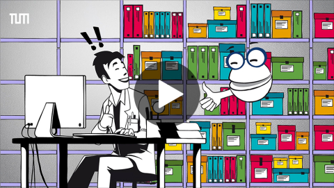 A cartoon-style scientist sits at a desk with a computer, looking toward a smiling, floating character in front of colorful shelves filled with labeled folders and boxes. A play button overlays the scene, and a TUM logo appears in the top-left corner.